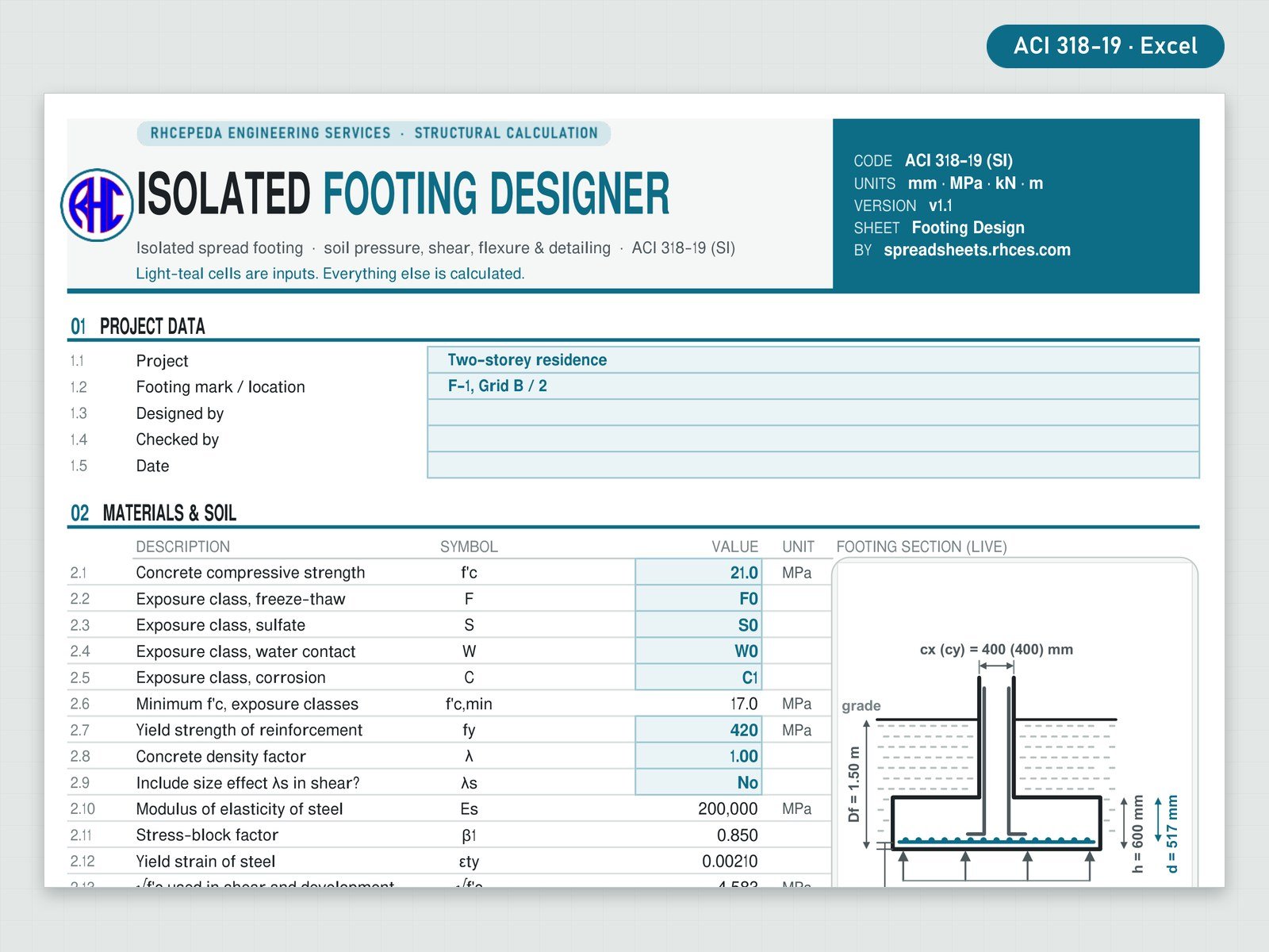 Preview of Isolated Footing Designer (ACI 318-19)