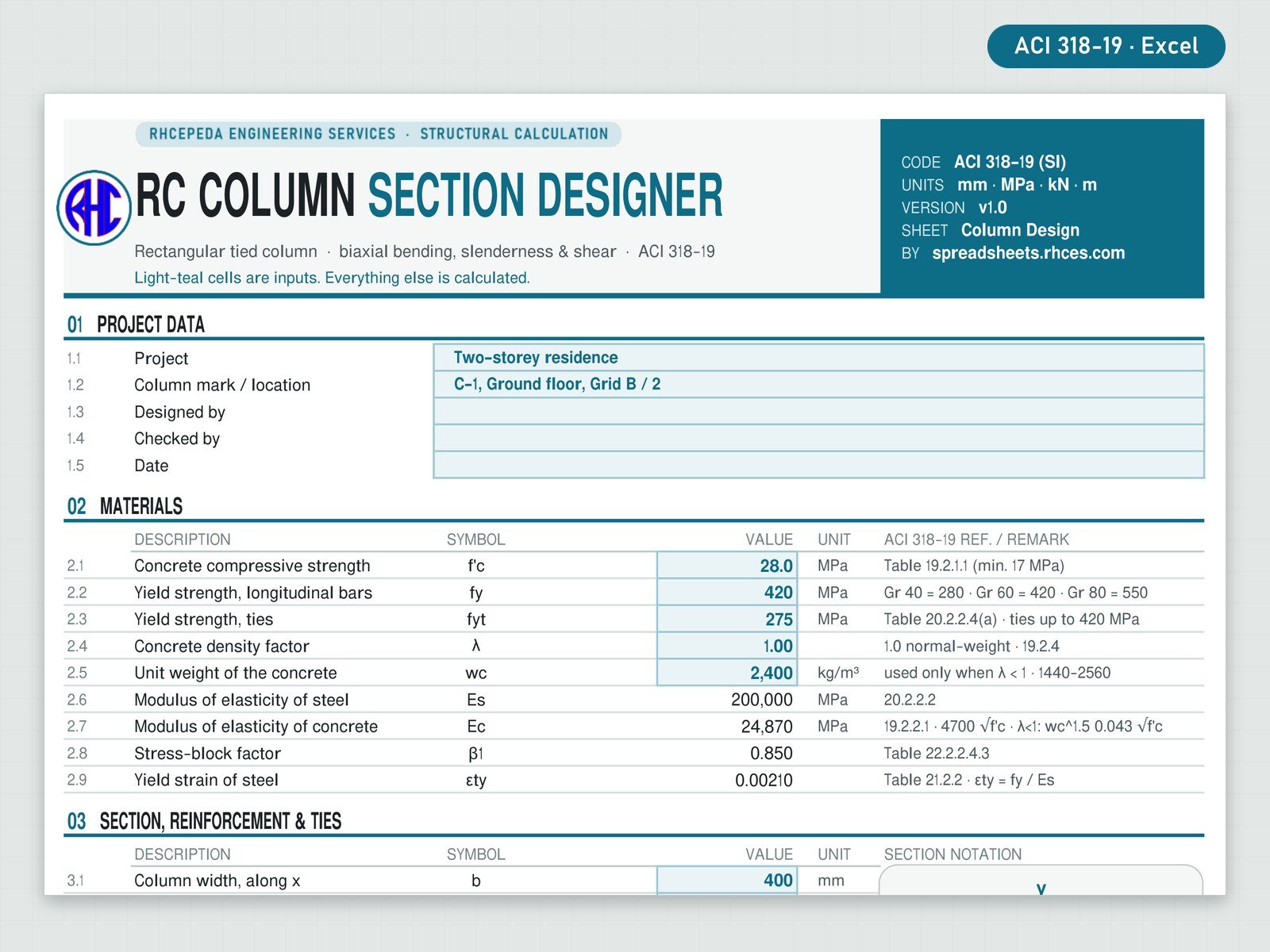 Preview of RC Column Section Designer (ACI 318-19)