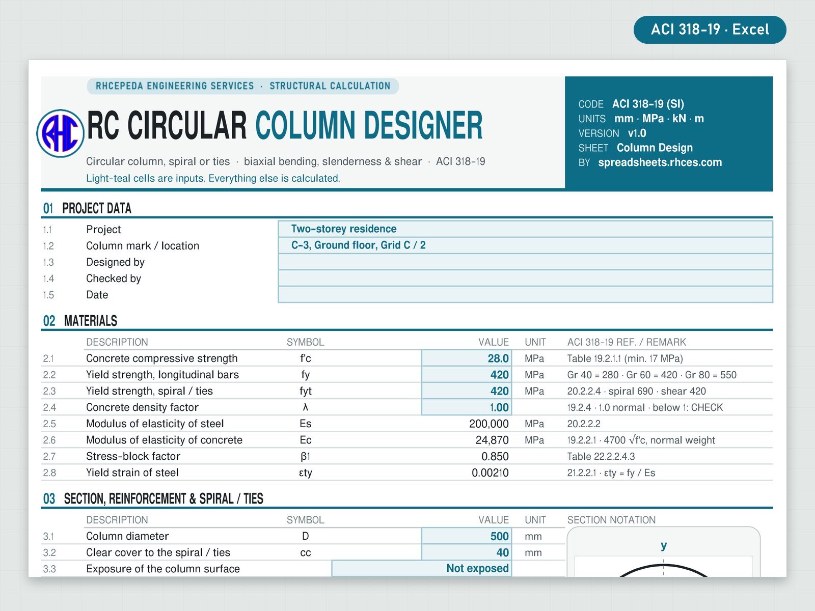 Preview of RC Circular Column Designer (ACI 318-19)