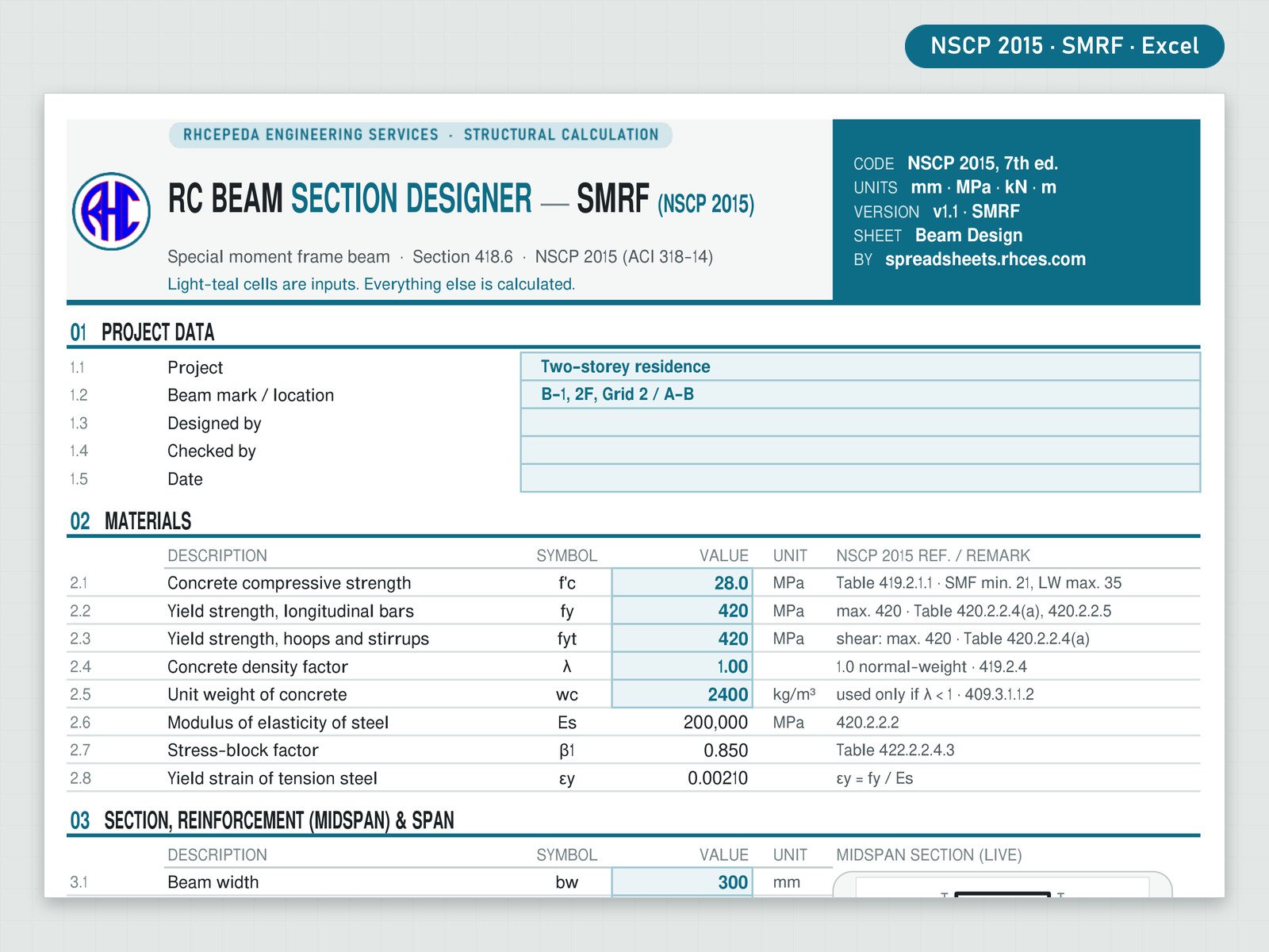 Preview of RC Beam Section Designer SMRF (NSCP 2015)