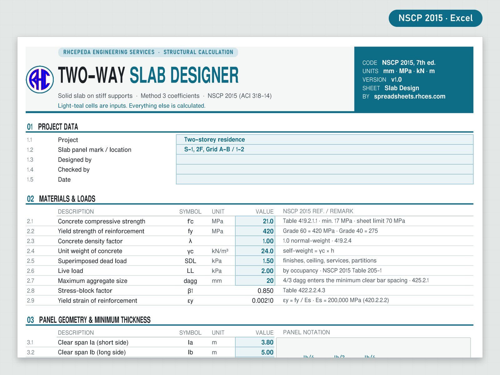 Preview of Two-Way Slab Designer (Coefficient Method, NSCP 2015)
