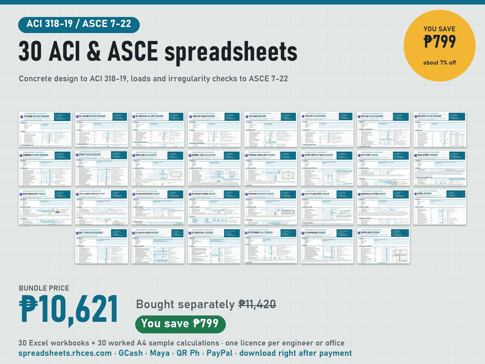 Preview of ACI 318-19 / ASCE 7-22 Bundle: 30 Spreadsheets