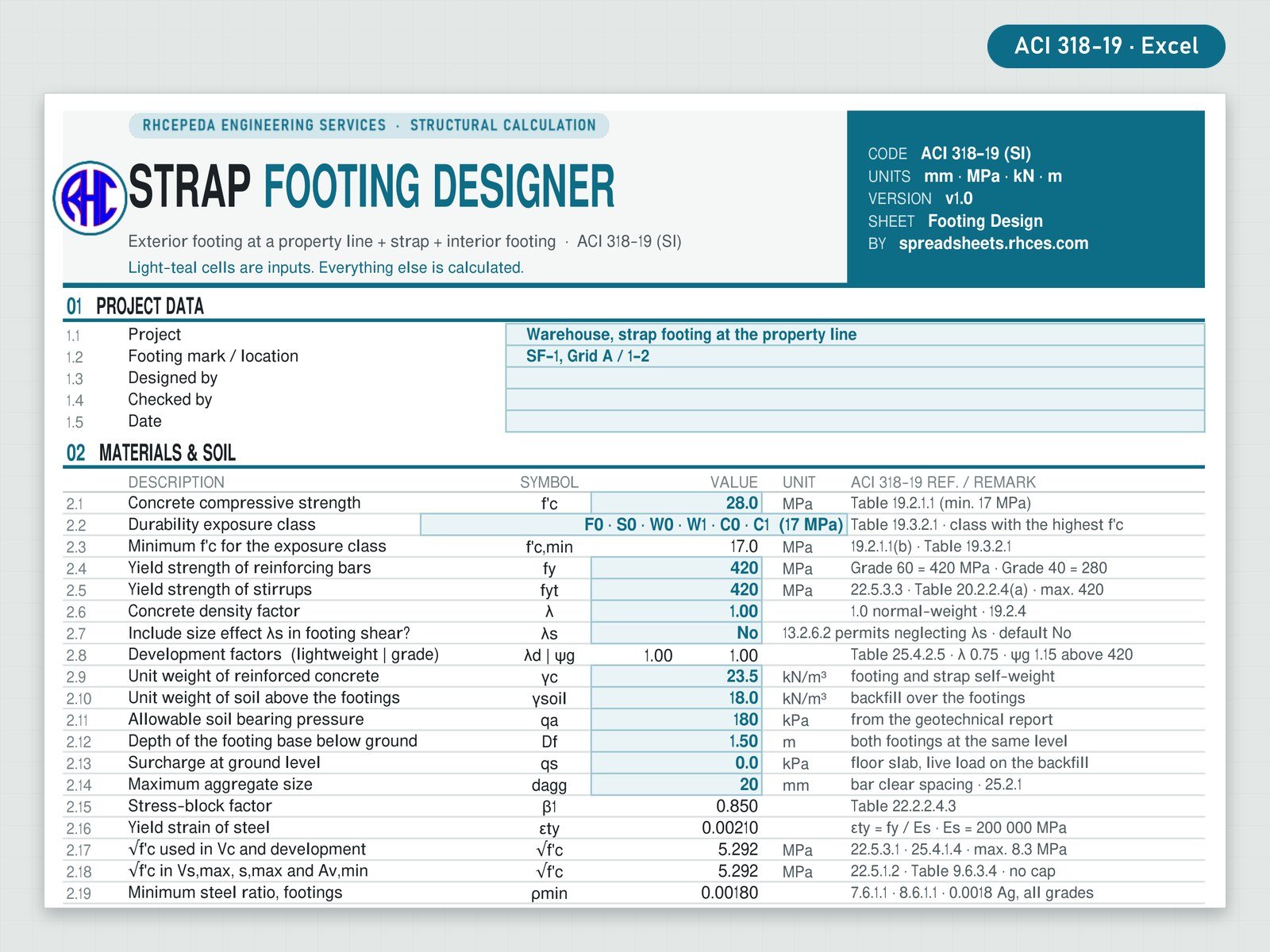 Preview of Strap Footing Designer (ACI 318-19)