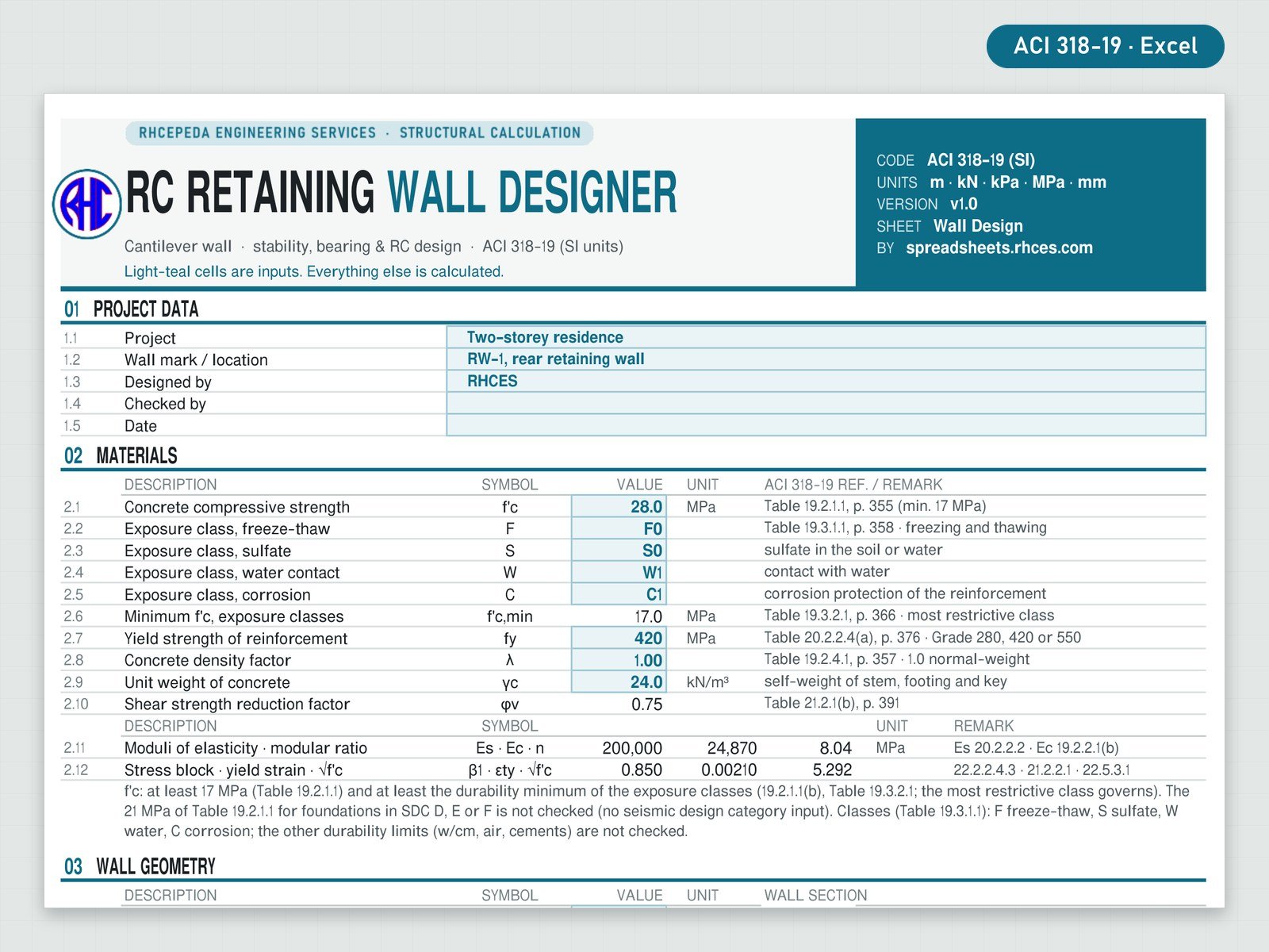 Preview of RC Retaining Wall Designer (ACI 318-19)