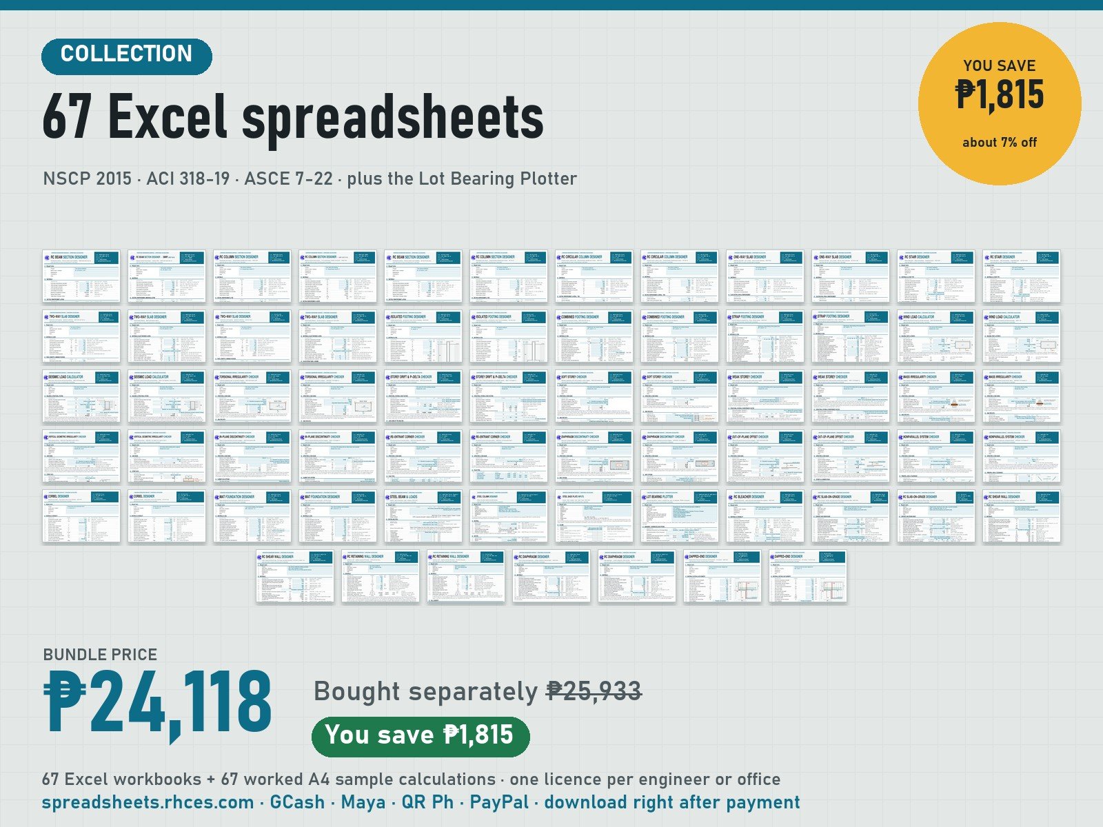 Preview of Collection: 67 Spreadsheets (NSCP 2015, ACI 318-19 & ASCE 7-22)